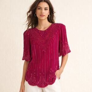 Deadstock NWT Vintage 1980s Scala Pink Silk Sequined Blouse M